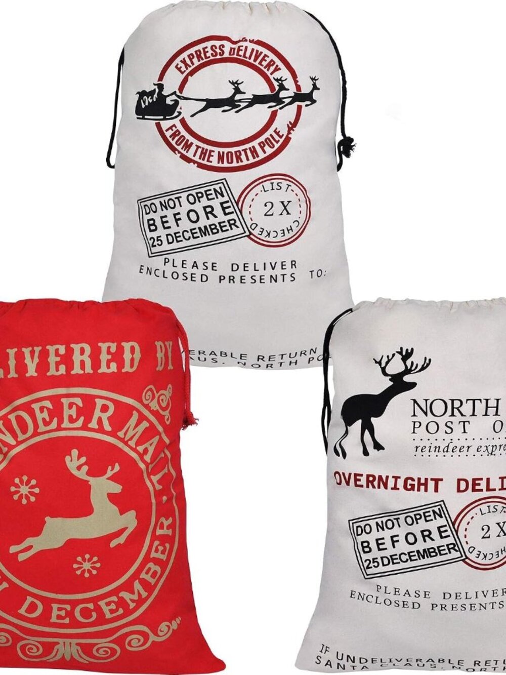3 PCS Christmas Large Canvas Gift Bag 26" x 19", Drawstring Santa Burlap Sack Re